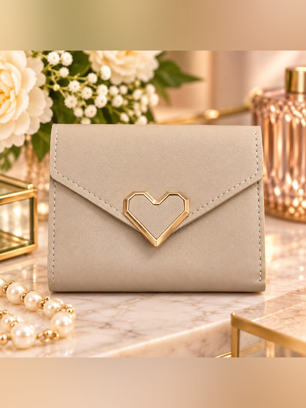 Cream Heart-Accent Women's Wallet